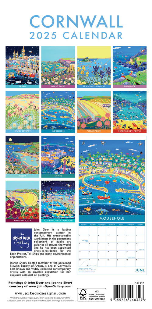 Calendar 2025. Cornwall Art Calendar by Cornish Artist John Dyer. UK Dates &amp; Holidays.Cornwall Art Calendar by Artists John Dyer &amp; Joanne Short. UK Dates and Holidays