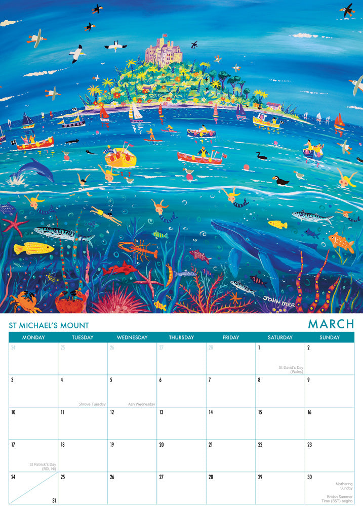 Calendar 2025. Cornwall Art Calendar by Cornish Artist John Dyer. UK Dates &amp; Holidays