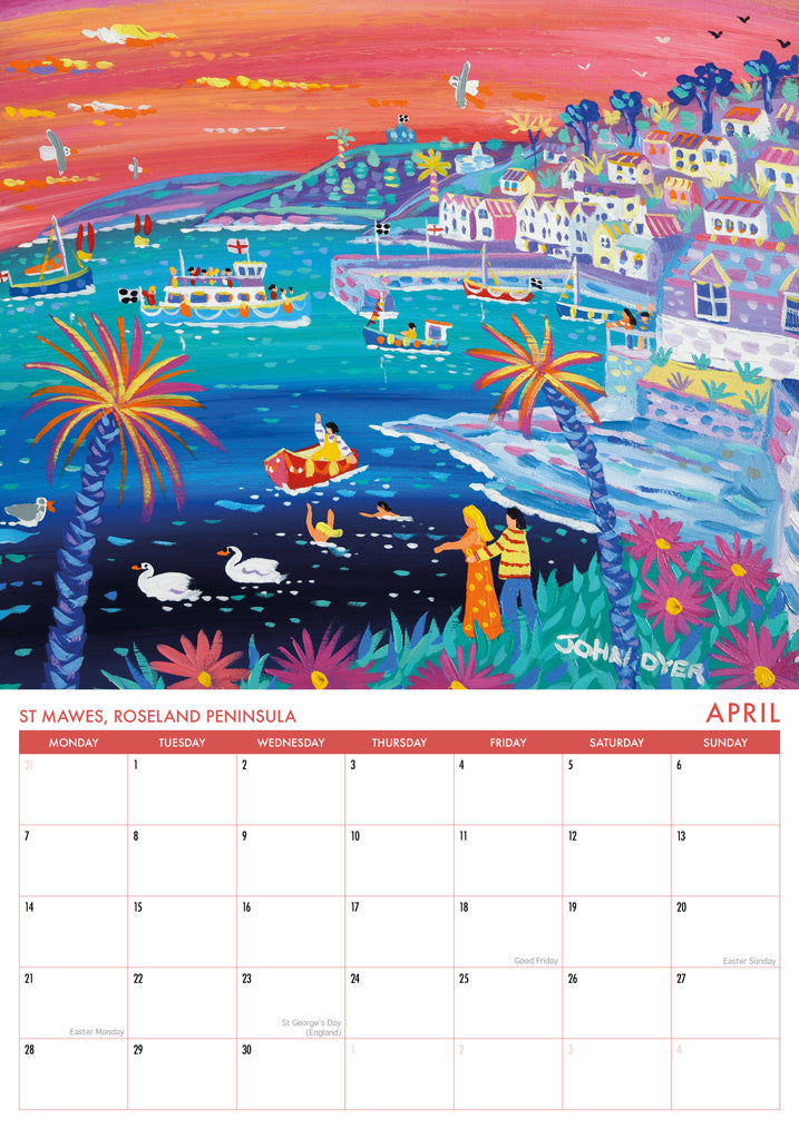 Calendar 2025. Cornwall Art Calendar by Cornish Artist John Dyer. UK Dates &amp; Holidays