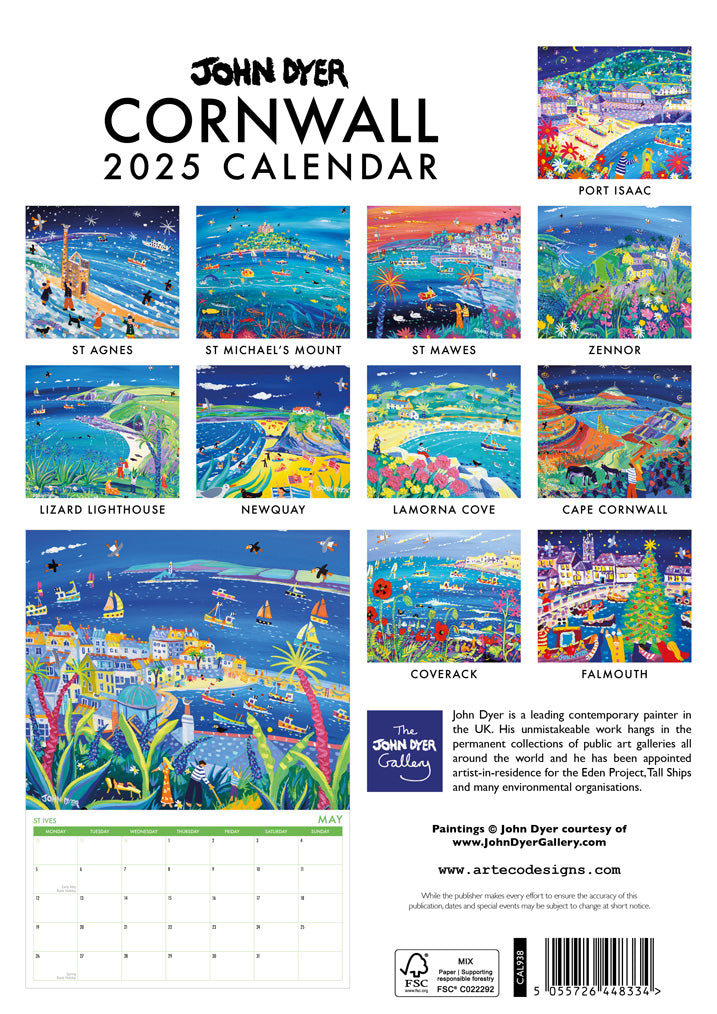 Calendar 2025. Cornwall Art Calendar by Cornish Artist John Dyer. UK Dates &amp; Holidays