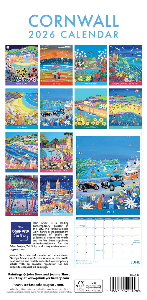 Cornwall 2026 calendar with colorful illustrations of scenic views and landmarks. Calendar 2026. Cornwall Art Calendar by Cornish Artist John Dyer. UK Dates & Holidays.Cornwall Art Calendar by Artists John Dyer & Joanne Short. UK Dates and Holidays