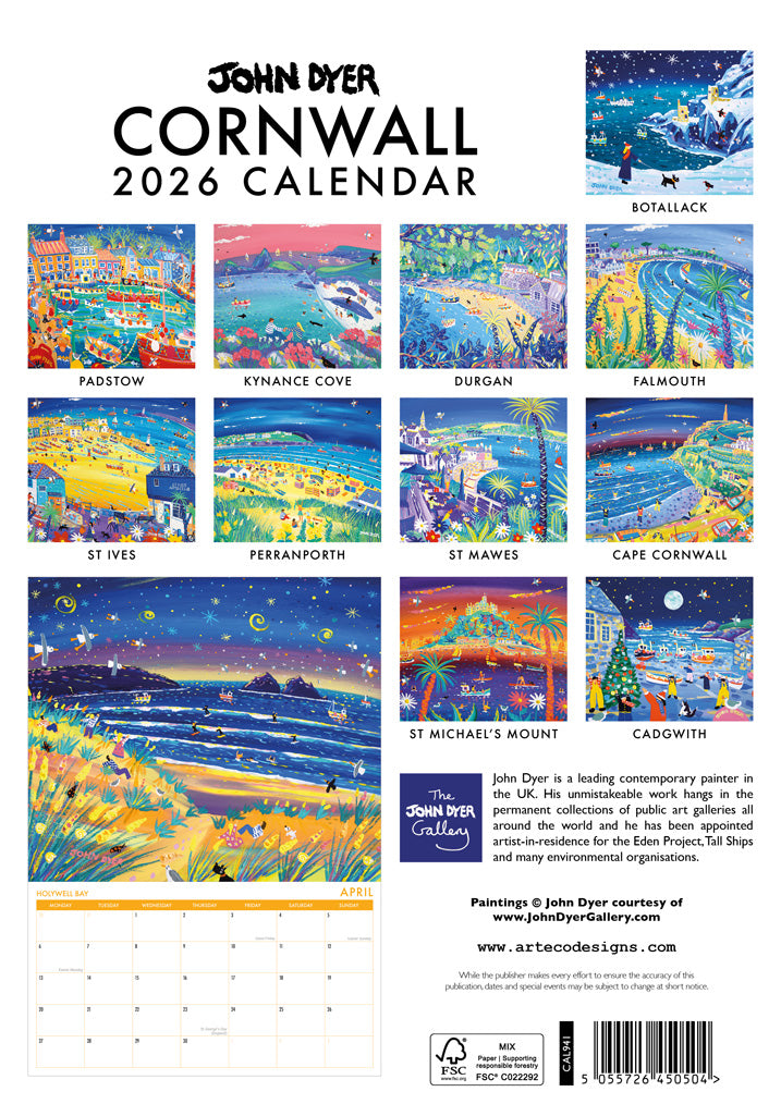 Calendar 2026. Cornwall Art Calendar by Cornish Artist John Dyer. UK Dates & Holidays