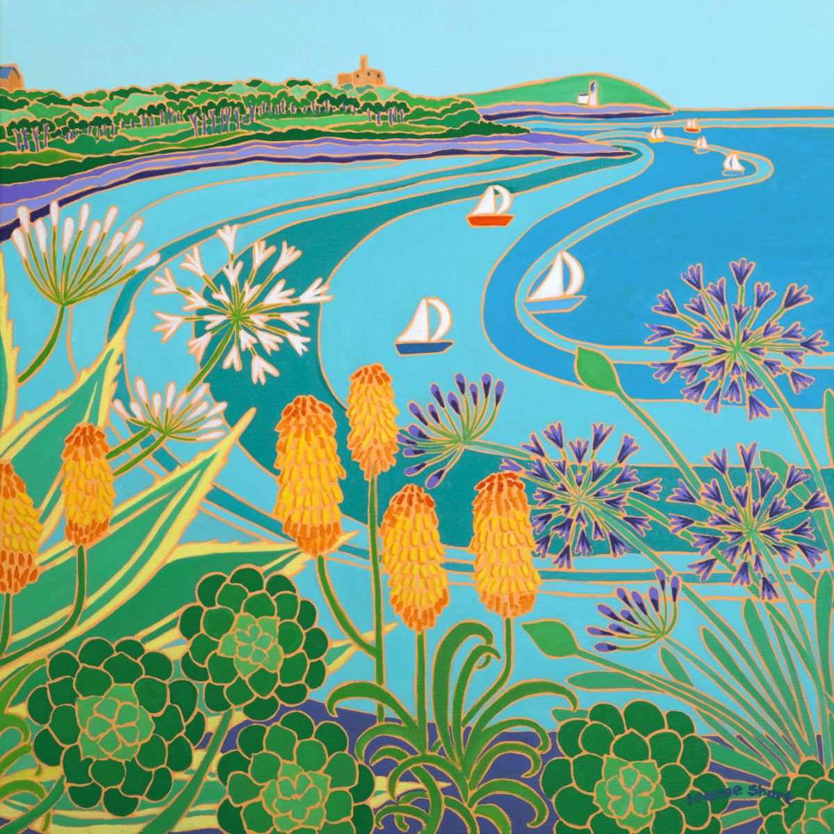 Joanne Short Original Oil Painting of Cornwall. 'Castle Beach Summer, Falmouth'. 24 x 24 inches oil on canvas.