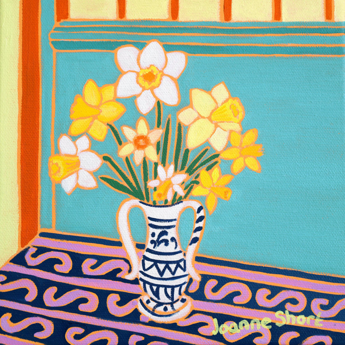 'Cornish Daffodils in a Vase', 8 x 8 inches oil on canvas flower still life art. Painting by Cornish Artist Joanne Short 