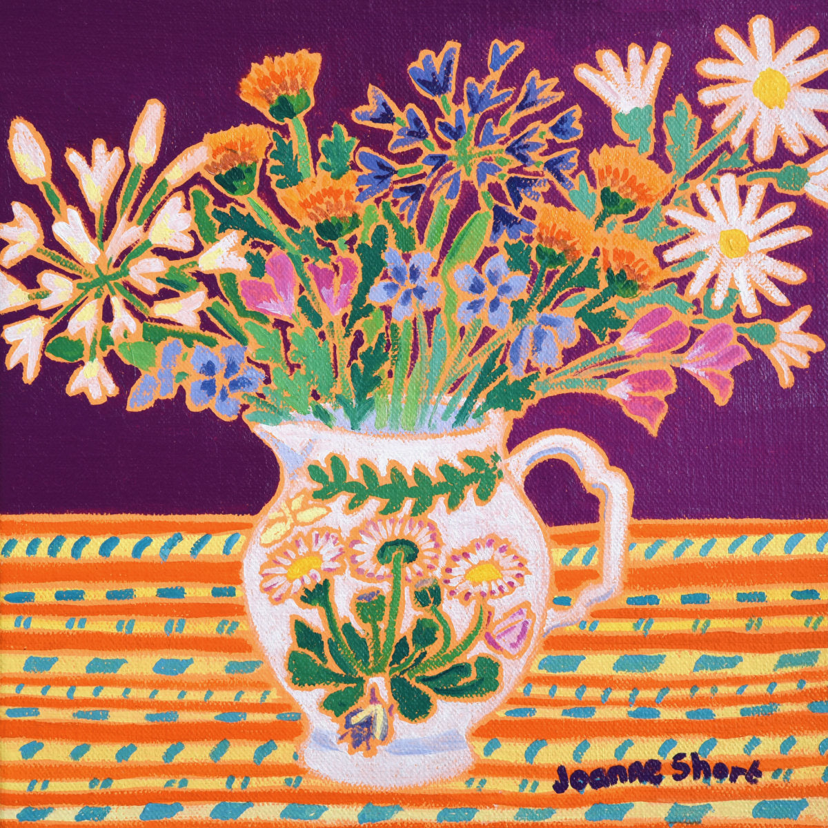 'Cornish Flowers in a Welsh Vase', 8 x 8 inches oil on canvas still life. Painting by Cornish Artist Joanne Short