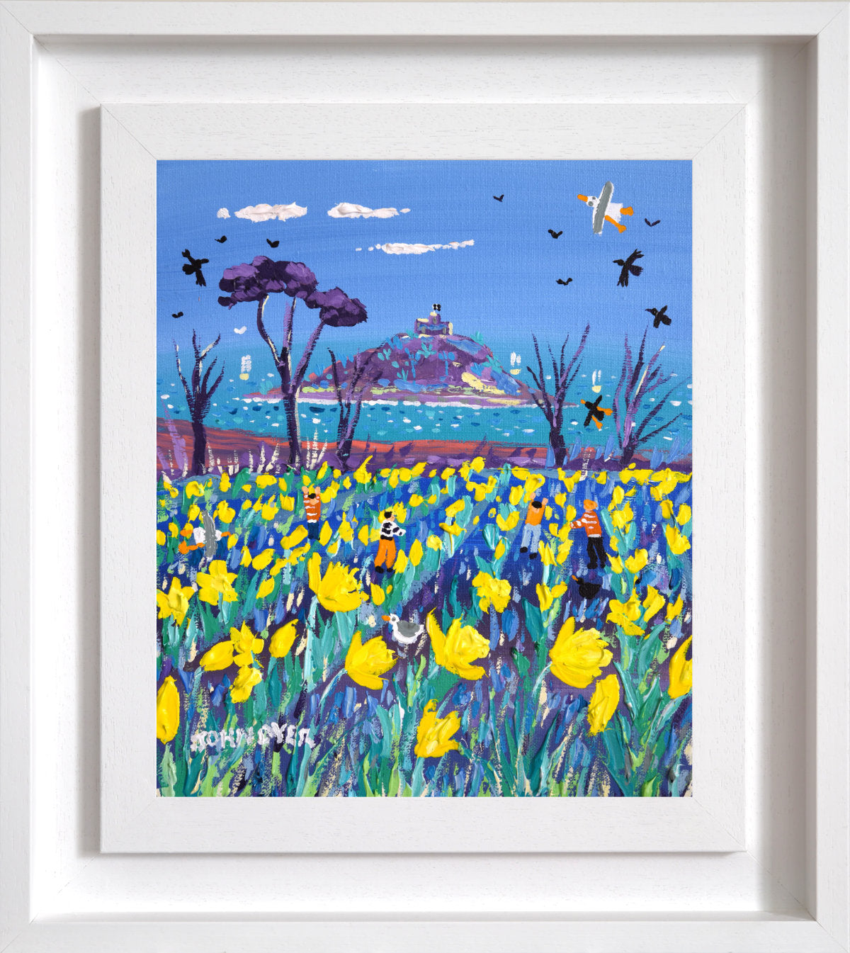 'Cornish Spring Daffodils, St Michael's Mount', 12x10 inches acrylic on canvas. Painting of Cornwall by Cornish Artist John Dyer