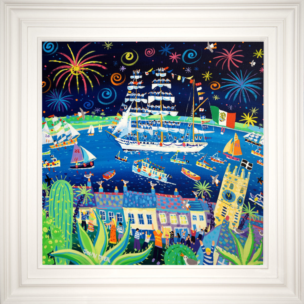 &#39;Cuauhtémoc Mexican Nights, Falmouth Tall Ships 2023&#39;, 24x24 inches acrylic on canvas. Cornwall Painting by Cornish Artist John Dyer. Cornish Art from our Cornwall Art Gallery