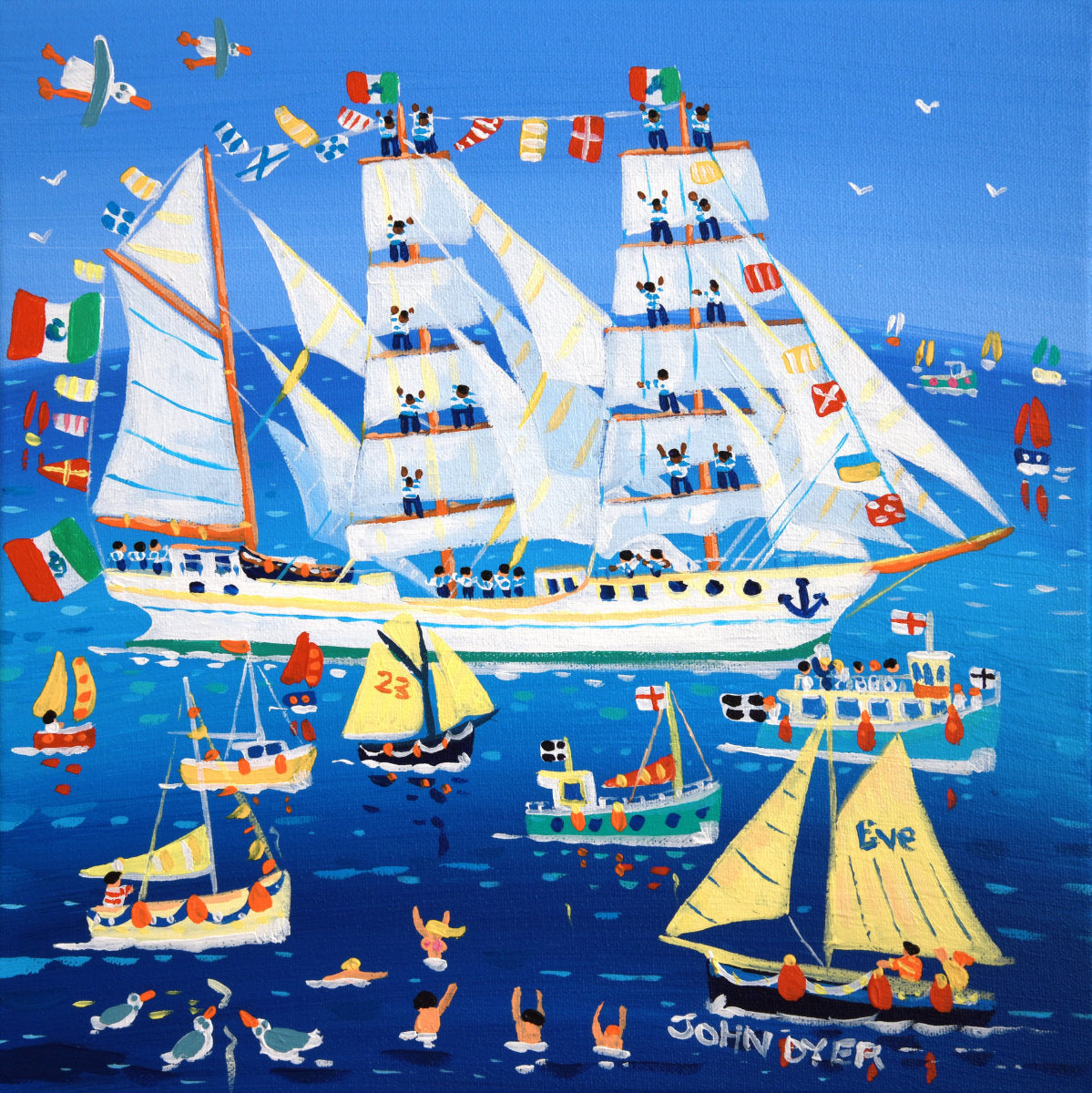 &#39;Cuauhtémoc Welcome, Falmouth Tall Ships, 2023&#39;, 12x12 inches acrylic on canvas. Paintings of Cornwall by Cornish Artist John Dyer. Cornwall Art Gallery