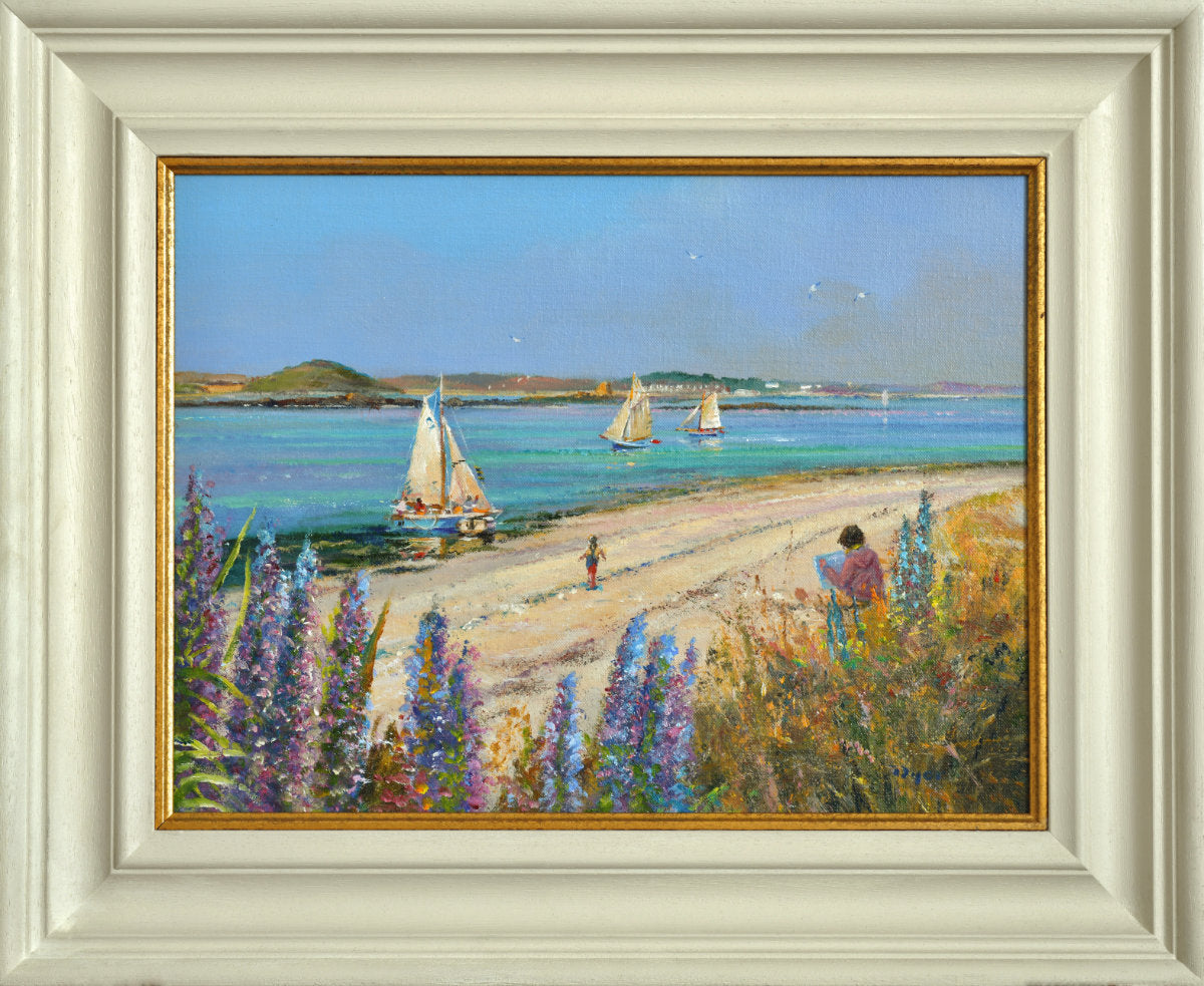 ‘Echiums by the Shore, Tresco, Cornwall’, original oil painting by Ted Dyer showing purple echiums, turquoise sea, sailing boats, John Dyer painting and his daughter Wilamena playing on the beach.