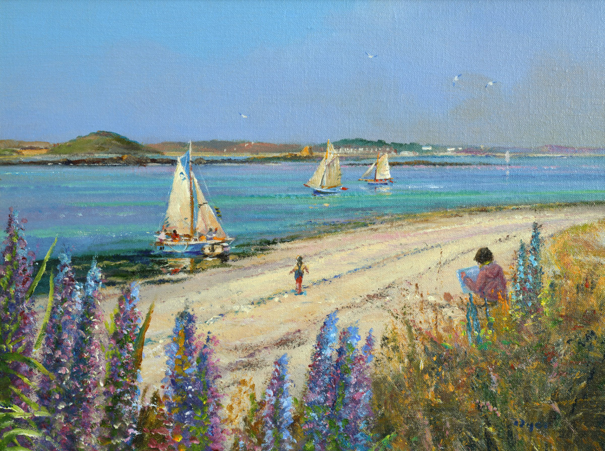 ‘Echiums by the Shore, Tresco, Cornwall’, original oil painting by Ted Dyer showing purple echiums, turquoise sea, sailing boats, John Dyer painting and his daughter Wilamena playing on the beach.