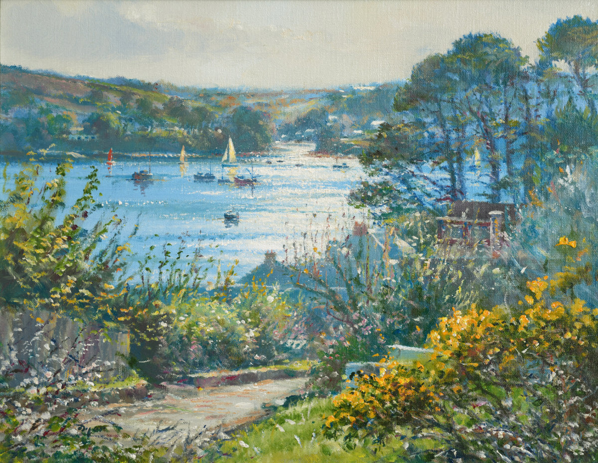 Original oil painting by Ted Dyer of Helford Passage, Cornwall, featuring golden gorse, a winding path and brilliant sunlight shimmering across the Helford River.