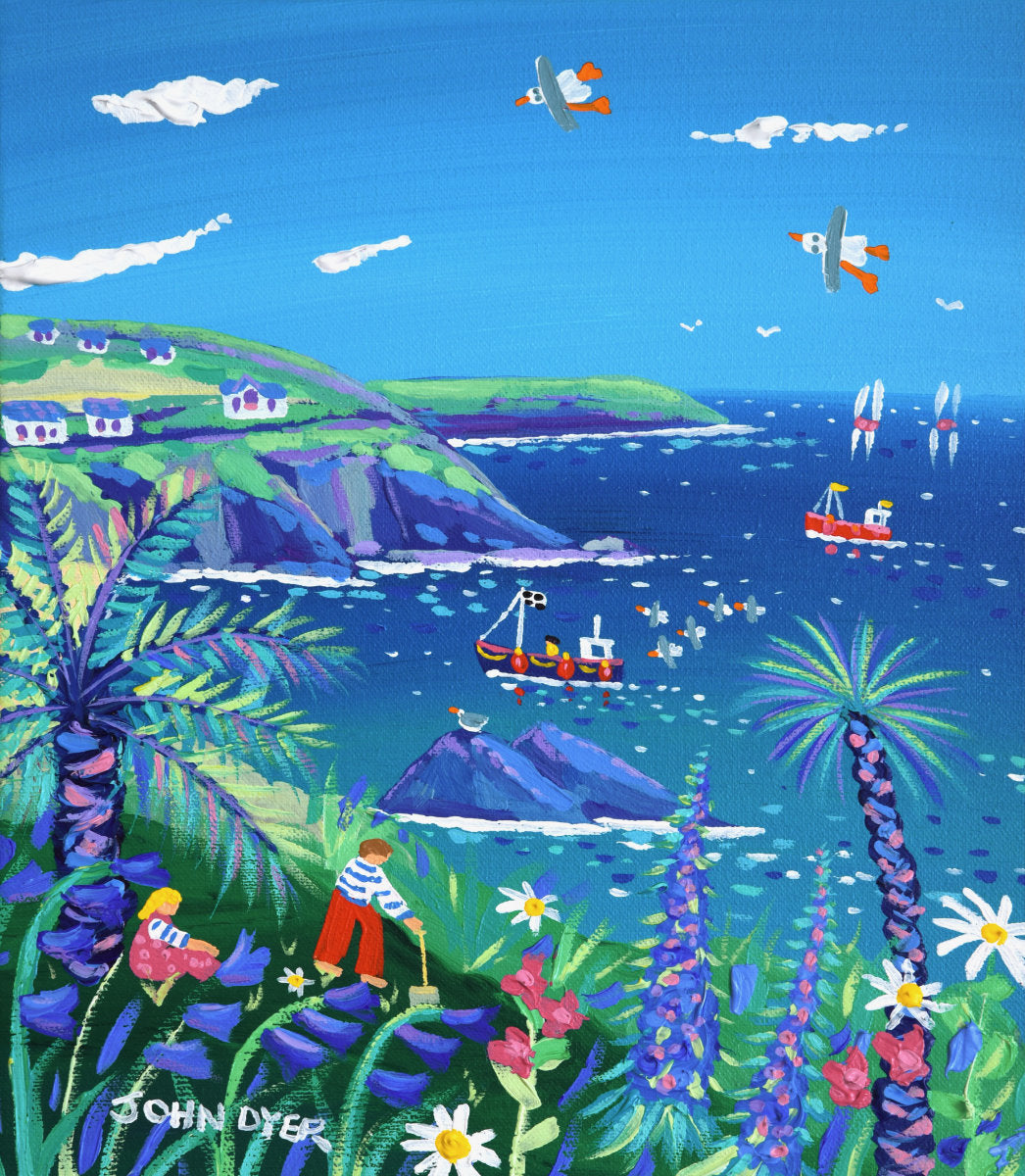 'Cliff top garden, Cadgwith', 12x10 inches acrylic on canvas. Painting of Cornwall by Cornish Artist John Dyer