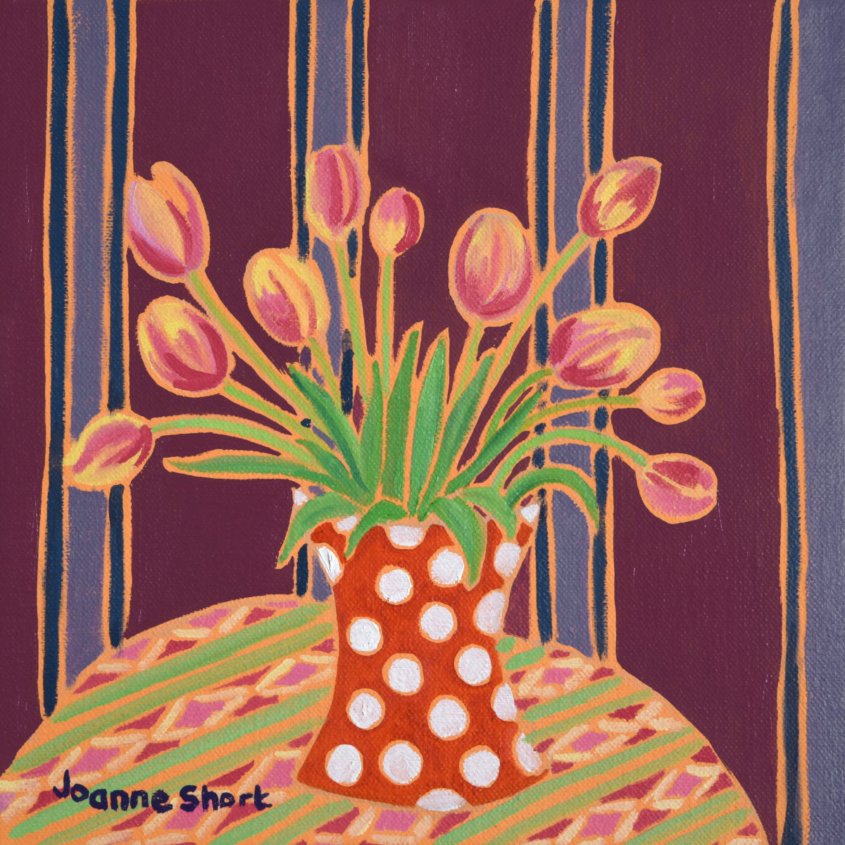 'Spring Tulips from a Friend', 8 x 8 inches oil on canvas. Painting by Cornish Artist Joanne Short