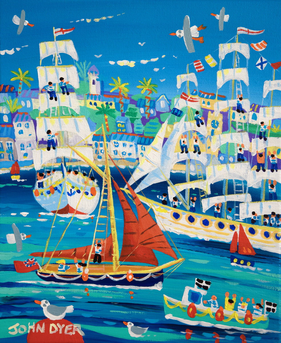 &#39;Exploring the Harbour, Falmouth Tall Ships 2023&#39;, 12x10 inches acrylic on canvas. Paintings of Cornwall. Cornish Artist John Dyer. Cornwall Art Gallery