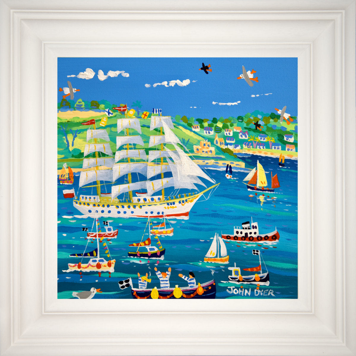 &#39;Sailing past St Mawes, Tall Ships 2023&#39;, 12x12 inches acrylic on canvas. Paintings of Cornwall by Cornish Artist John Dyer. Cornwall Art Gallery