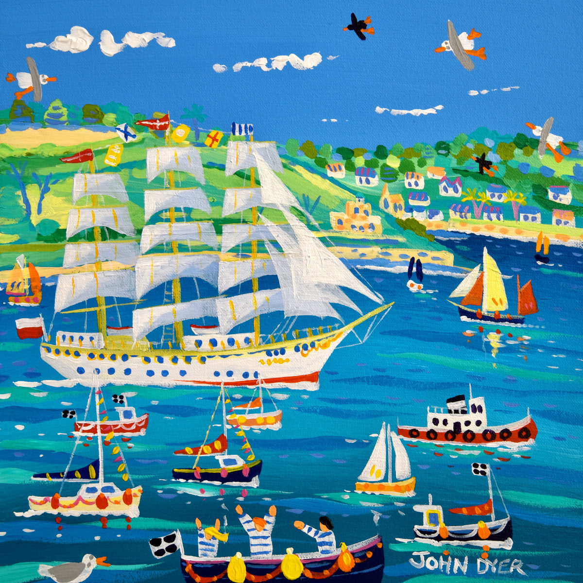 &#39;Sailing past St Mawes, Tall Ships 2023&#39;, 12x12 inches acrylic on canvas. Paintings of Cornwall by Cornish Artist John Dyer. Cornwall Art Gallery