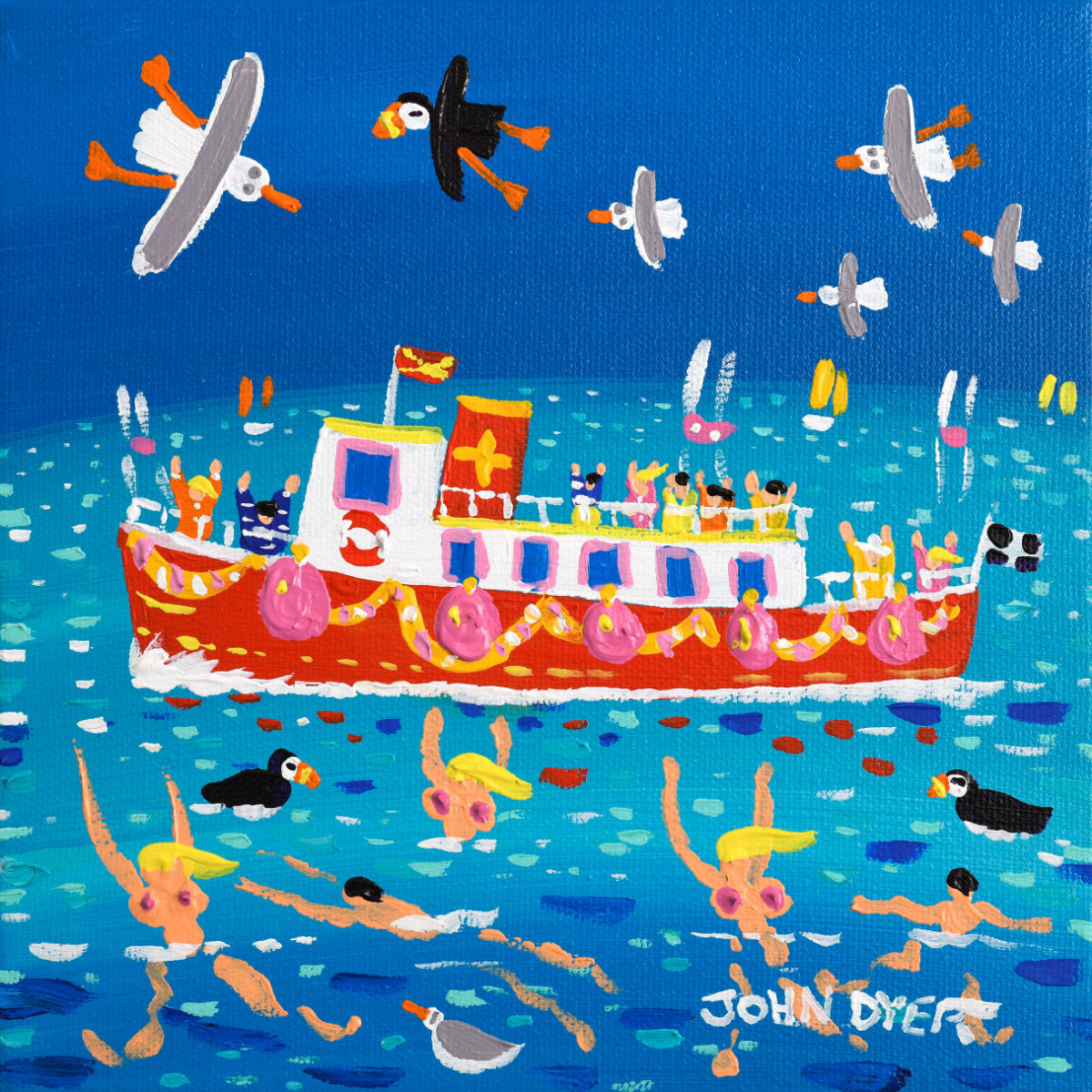 'Ferry Time Fun and Skinny Dippers, Falmouth’, 8 x 8 inches acrylic on canvas. Painting of Cornwall by Cornish Artist John Dyer