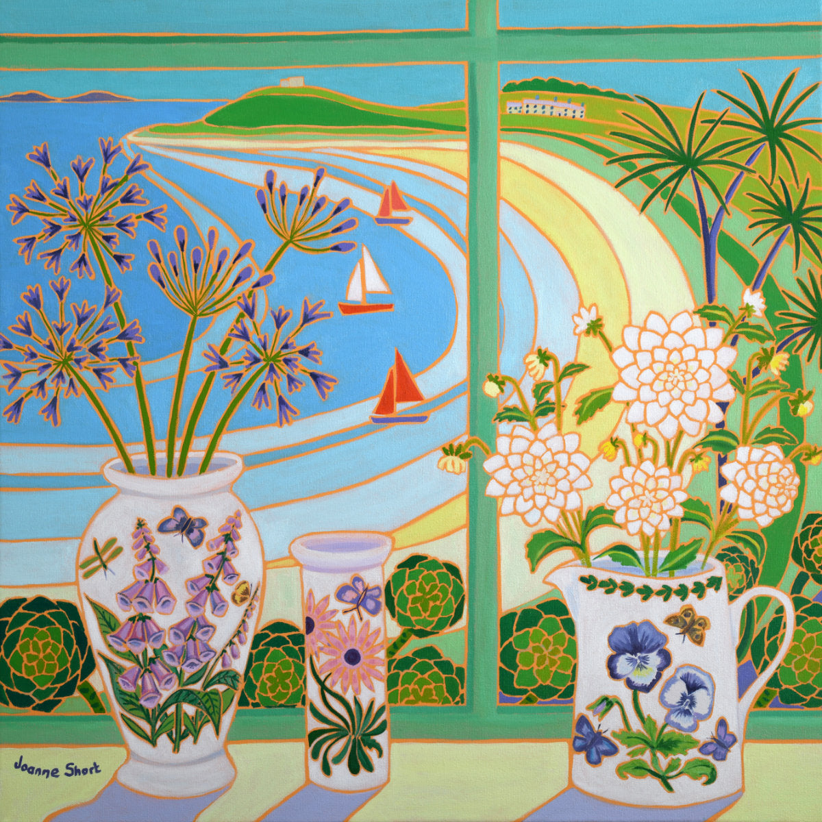 Joanne Short Original Oil Painting of Cornwall. 'Flowers from the Garden, Old Grimsby, Tresco'. 24 x 24 inches oil on canvas.