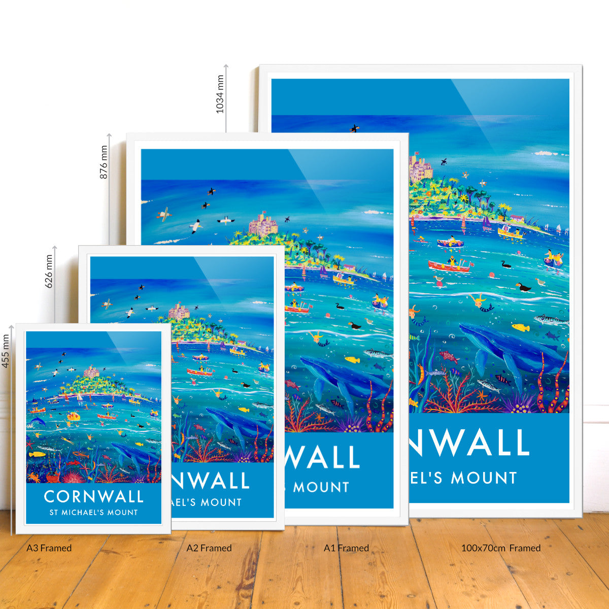 Vintage Style Coastal Seaside Travel Poster Art Prints by Cornish Artist John Dyer. Underwater Wonders, St Michael&#39;s Mount Whale, Cornwall