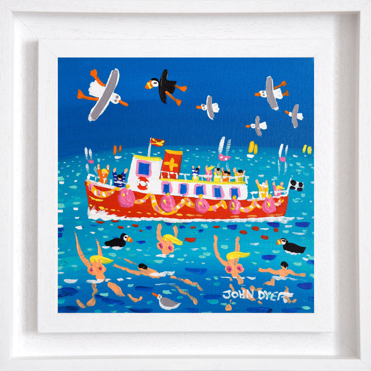 'Ferry Time Fun and Skinny Dippers, Falmouth’, 8 x 8 inches acrylic on canvas. Painting of Cornwall by Cornish Artist John Dyer