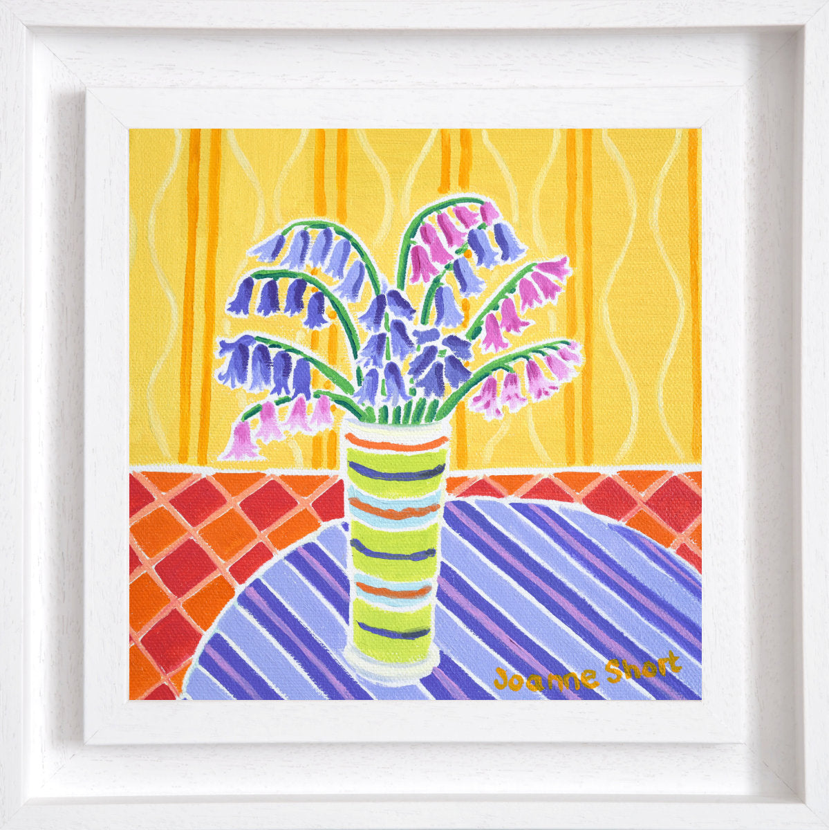Framed bluebell still-life paintung of bluebells. 'Flowers from a Friends Garden', 8 x 8 inches oil on canvas flower still life art. Painting by Cornish Artist Joanne Short