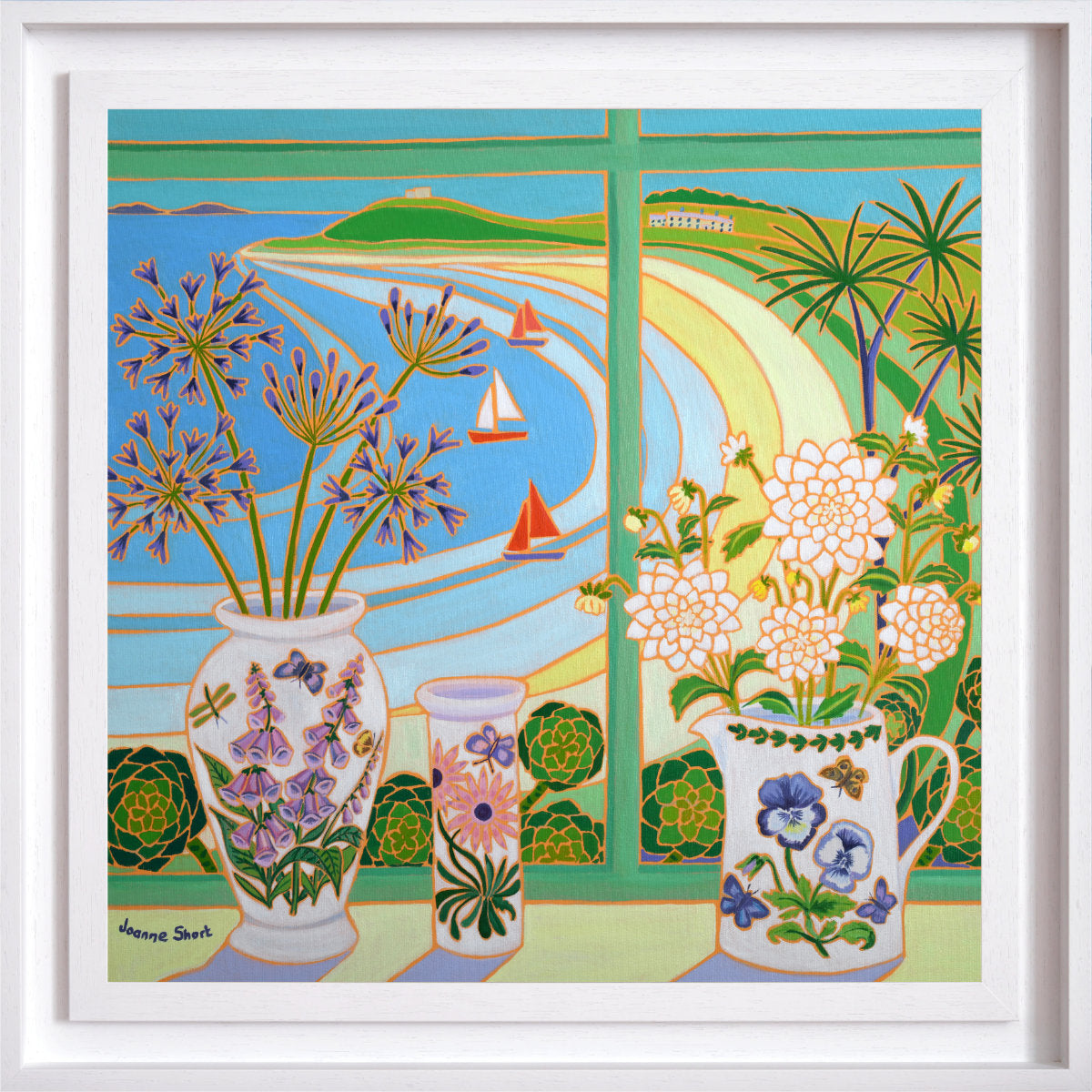 Framed Joanne Short Original Oil Painting of Cornwall. 'Flowers from the Garden, Old Grimsby, Tresco'. 24 x 24 inches oil on canvas.