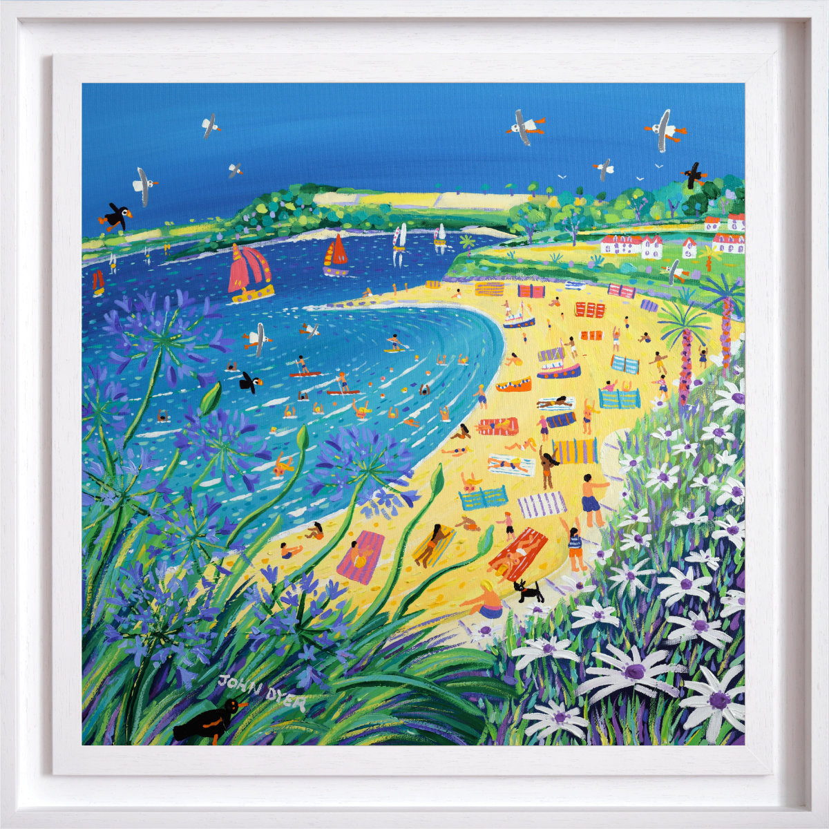 'High Summer, Gyllyngvase Beach, Falmouth', 24x24 inches acrylic on canvas. Original Painting by Cornish Artist John Dyer.