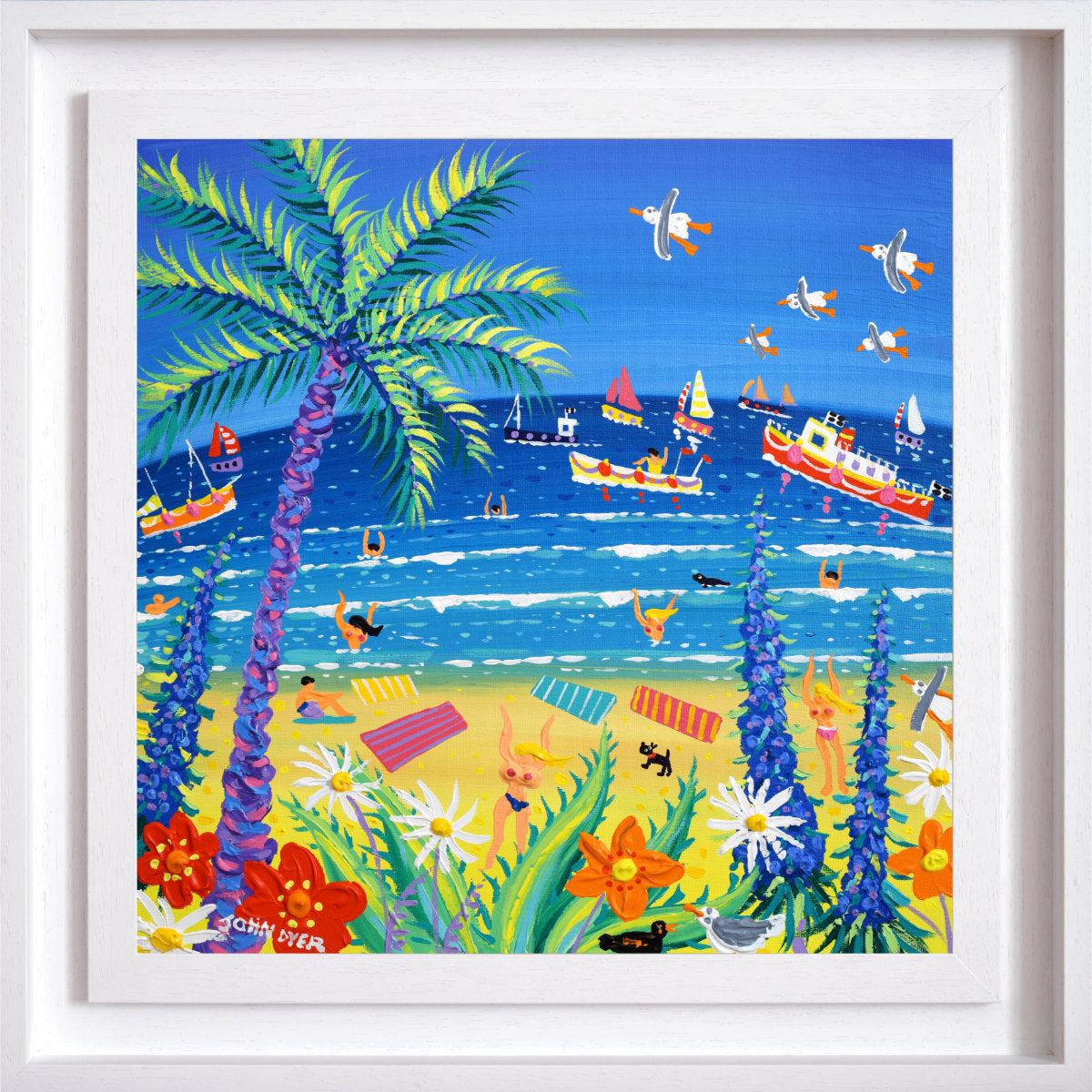 'Hot Summer Day, Gyllyngvase Beach, Falmouth’, 18 x 18 inches acrylic on canvas. Original Painting by Cornish Artist John Dyer