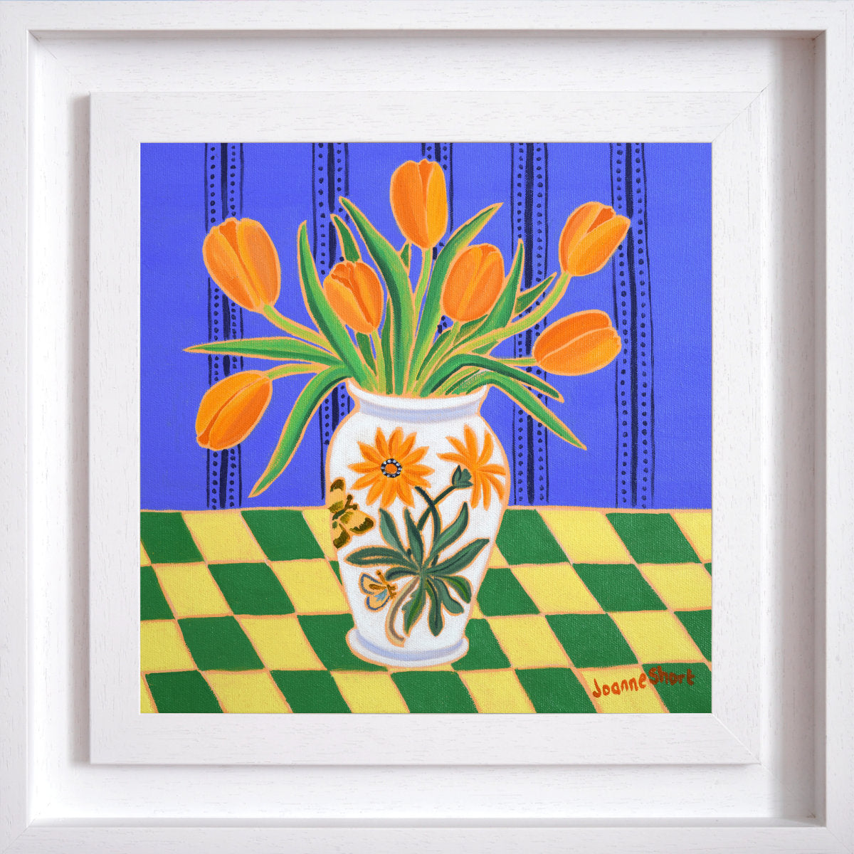 Framed 'Orange Tulips in a Cornish Kitchen'. 12 x 12 inches Original Oil Painting on Canvas by Cornish Artist Joanne Short