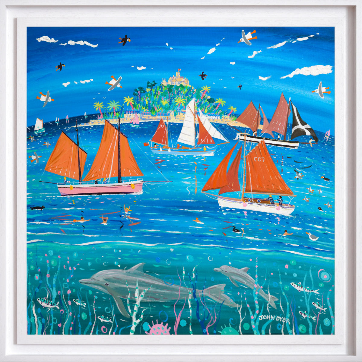 'Sailing with Dolphins, Mount’s Bay', 35.5 x 35.5 inches acrylic on canvas. John Dyer Painting of St Michael's Mount, Cornwall