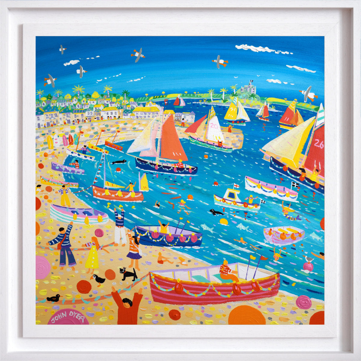 A colorful, busy coastal scene painting with sailboats on blue water, a sandy beach, small boats, people, birds, and buildings. 'Sea Salts and Sail Festival, Mousehole', 24 x 24 inches acrylic on canvas. Original Painting by Cornish Artist John Dyer.