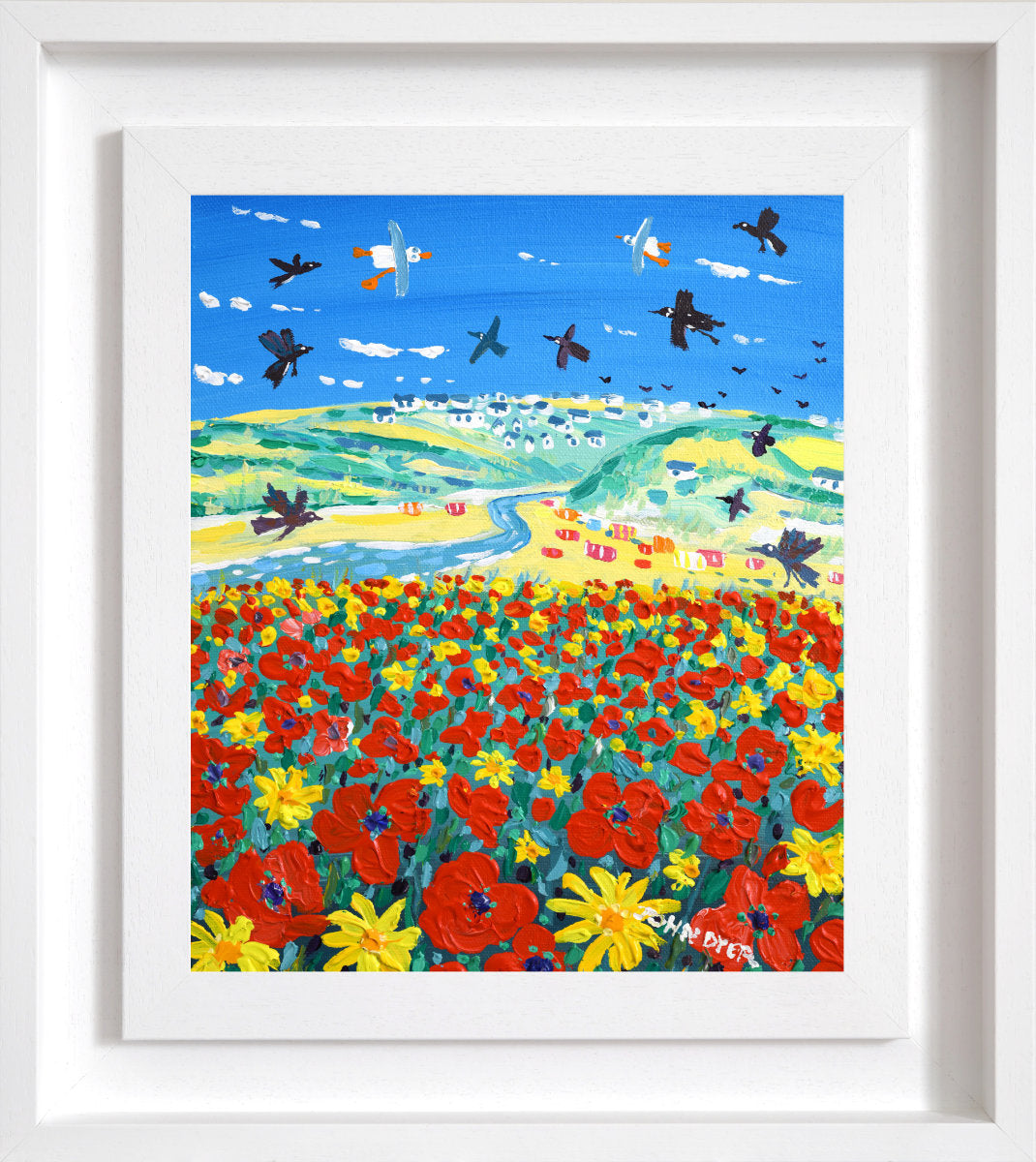 Framed landscape painting featuring a vibrant field of red and yellow flowers under a bright blue sky with flying birds and a winding river. 'Skylarks and Poppies, Crantock Beach', 12 x10 inches acrylic on canvas by Cornish Artist John Dyer
