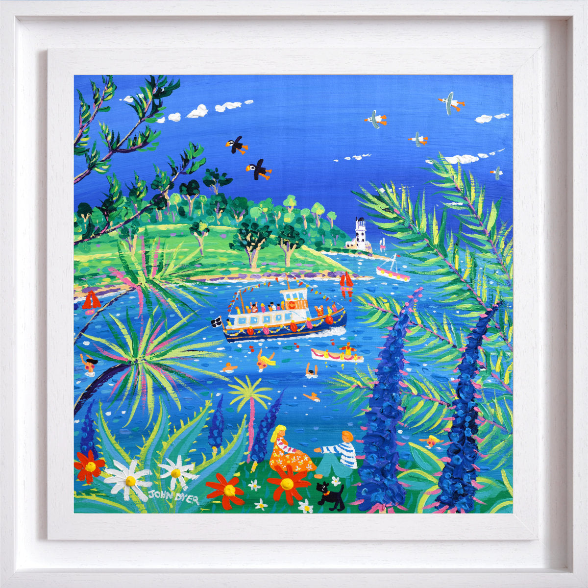 framed 'Watching the Ferry go by, St Mawes’, 18 x 18 inches acrylic on canvas. Cornish Coastal Art. Painting by Artist John Dyer