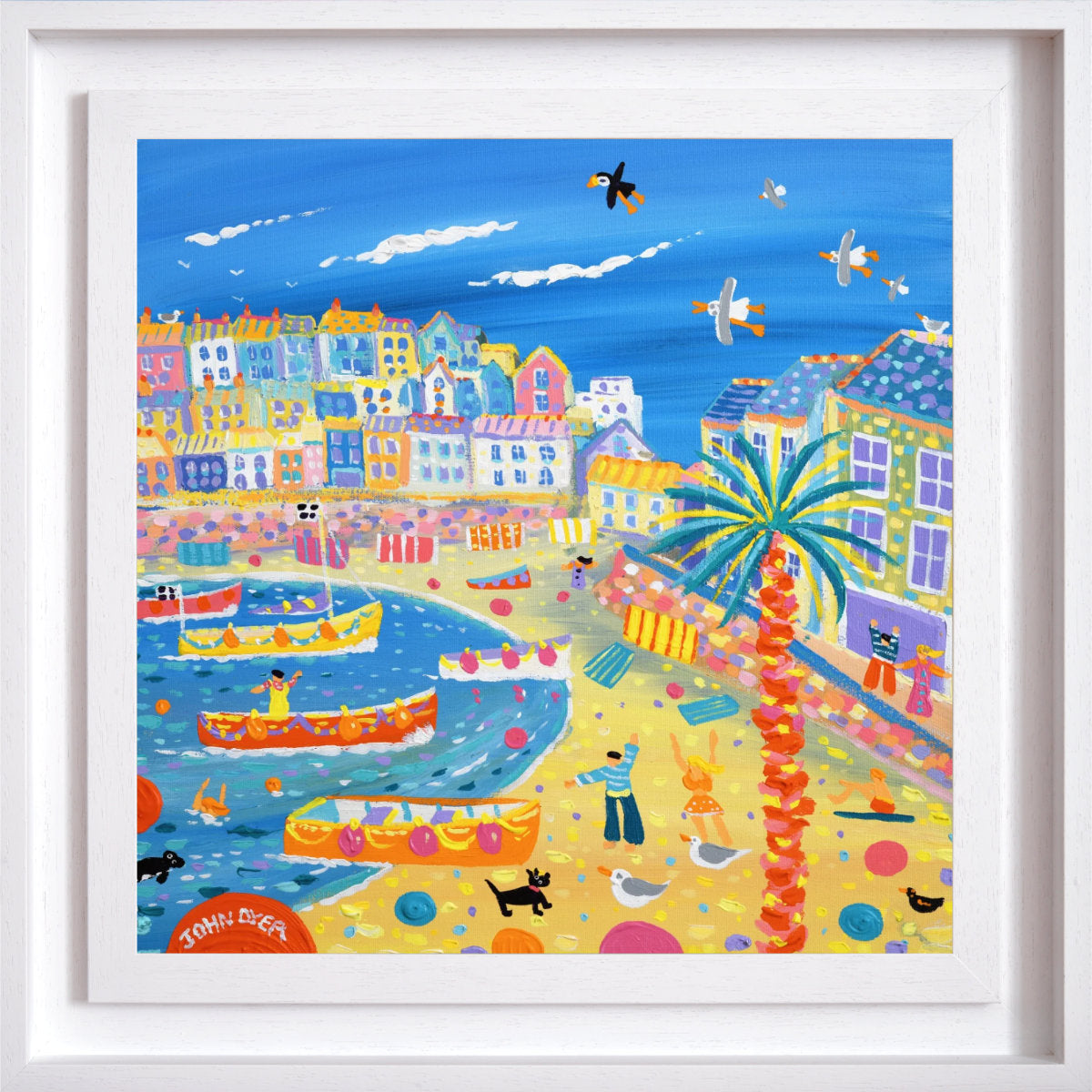 Colourful painting of a coastal town with houses, boats, and palm trees. 'Happy Days in St Ives' by John Dyer, Original Painting, 18 x 18 inches, Acrylic on Canvas