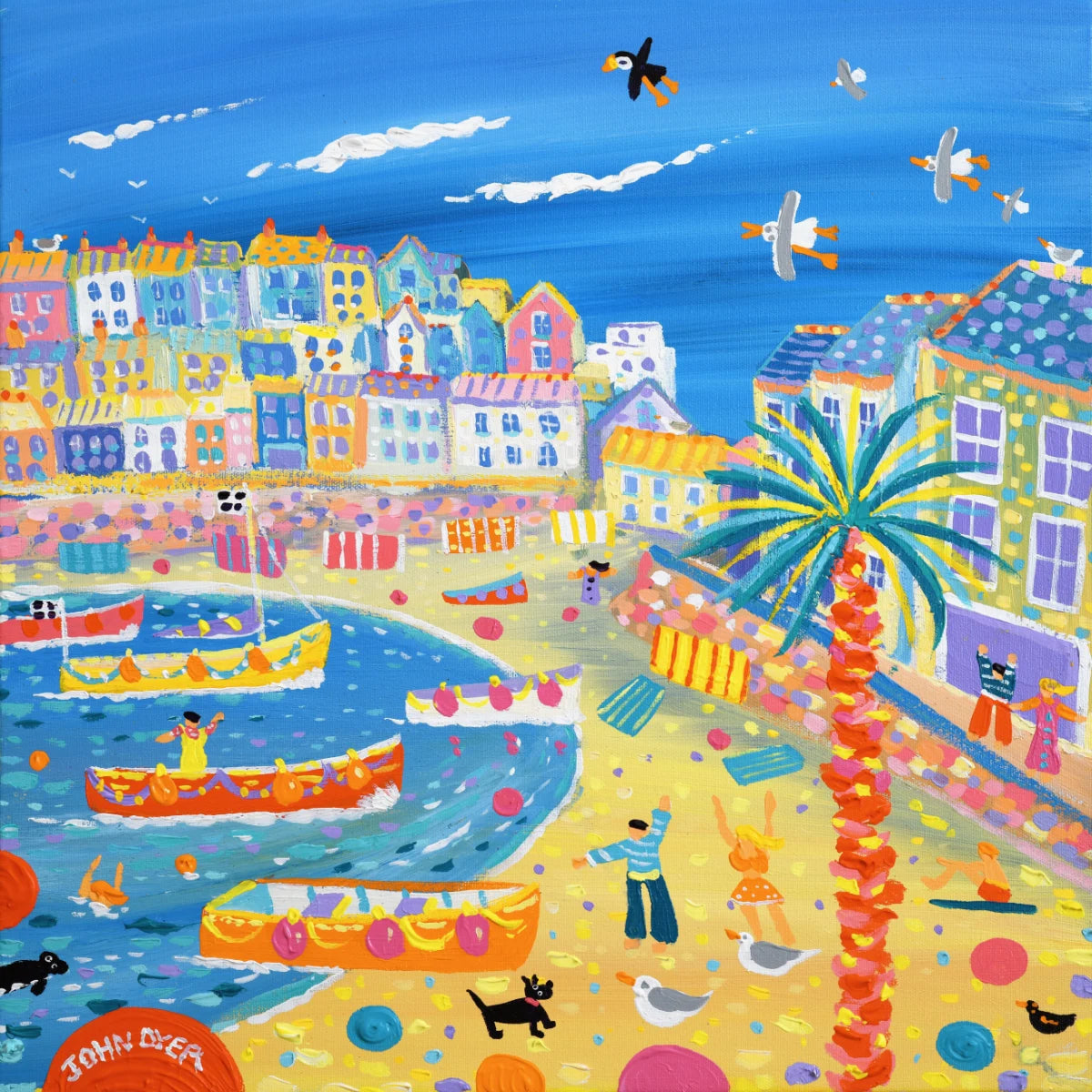 Colourful painting of a coastal town with houses, boats, and palm trees. 'Happy Days in St Ives' by John Dyer, Original Painting, 18 x 18 inches, Acrylic on Canvas