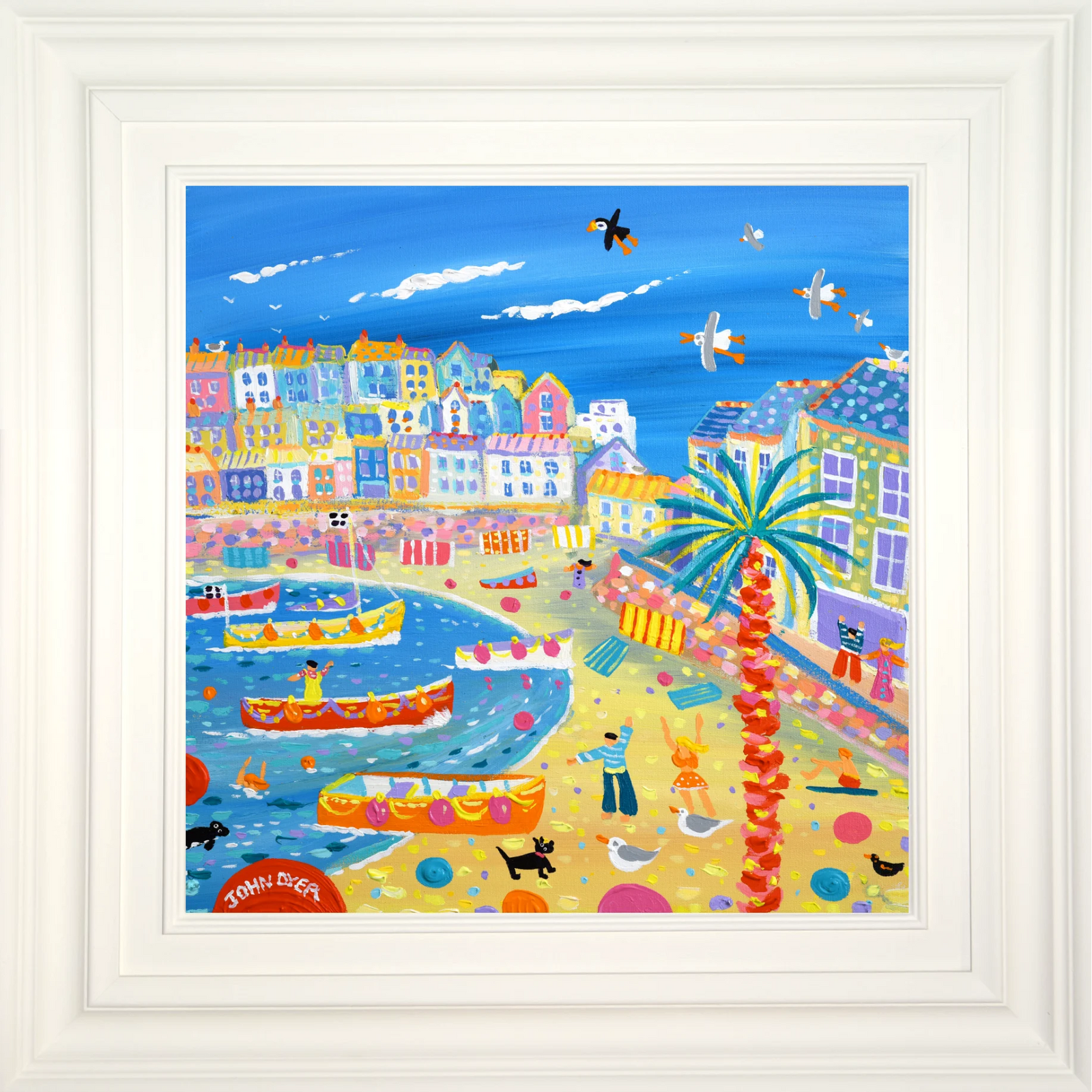Colourful painting of a coastal town with houses, boats, and palm trees. 'Happy Days in St Ives' by John Dyer, Original Painting, 18 x 18 inches, Acrylic on Canvas