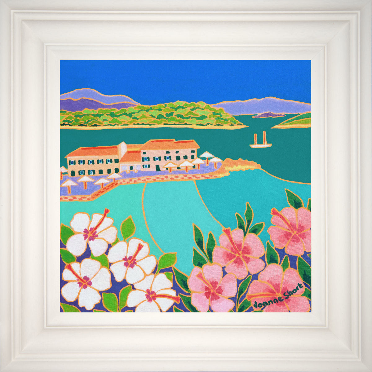 &#39;Hibiscus and Turquoise Sea, Faliraki, Corfu Town&#39;, 12x12 inches oil on canvas. Greece Art Gallery Painting by British Artist Joanne Short