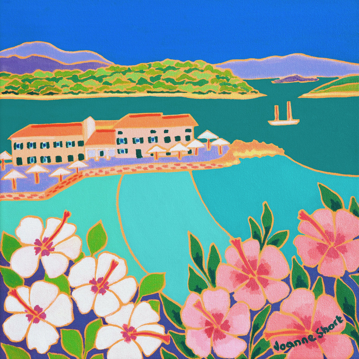 &#39;Hibiscus and Turquoise Sea, Faliraki, Corfu Town&#39;, 12x12 inches oil on canvas. Greece Art Gallery Painting by British Artist Joanne Short