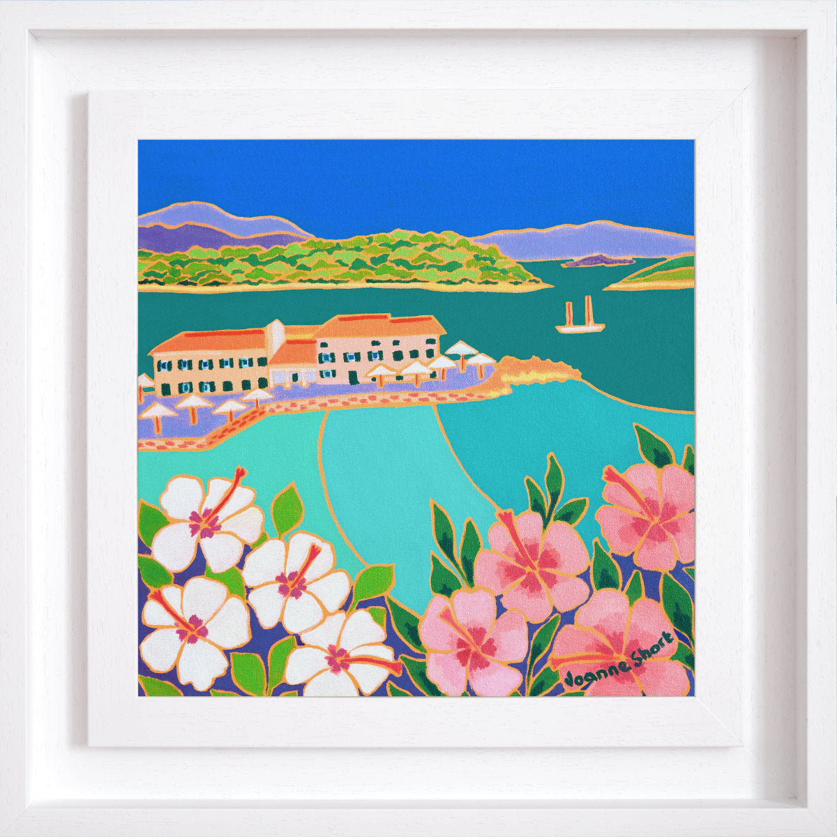 &#39;Hibiscus and Turquoise Sea, Faliraki, Corfu Town&#39;, 12x12 inches oil on canvas. Greece Art Gallery Painting by British Artist Joanne Short