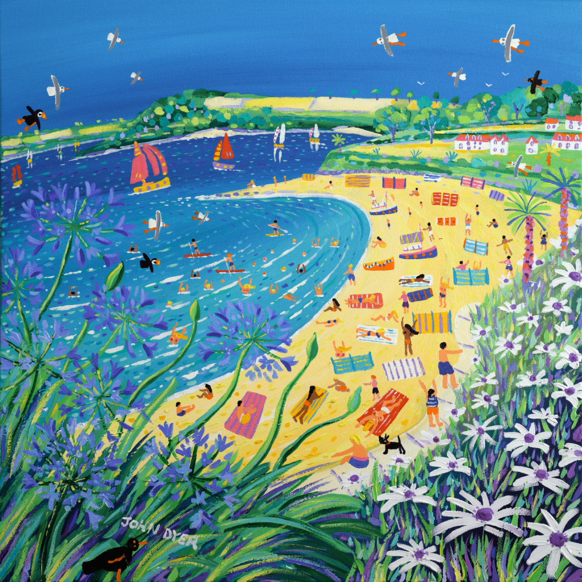 'High Summer, Gyllyngvase Beach, Falmouth', 24x24 inches acrylic on canvas. Original Painting by Cornish Artist John Dyer.