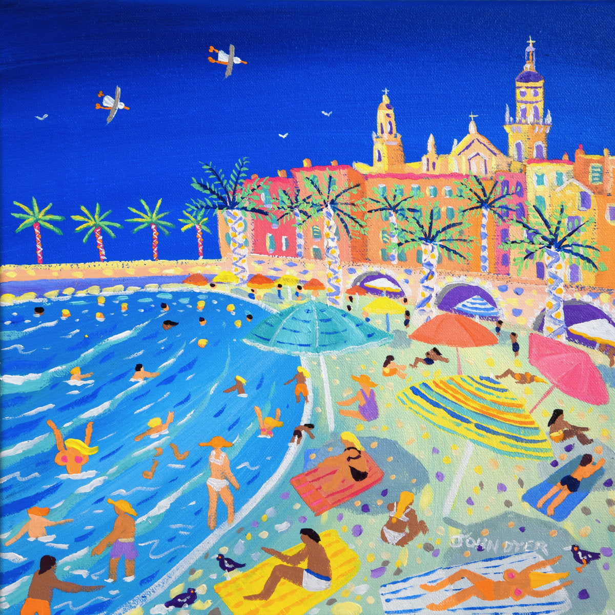 Colorful beach scene with people, umbrellas, and buildings in the background. 'High Summer, Menton Old Town'. 12 x 12 inches acrylic on canvas. Painting of the South of France by John Dyer