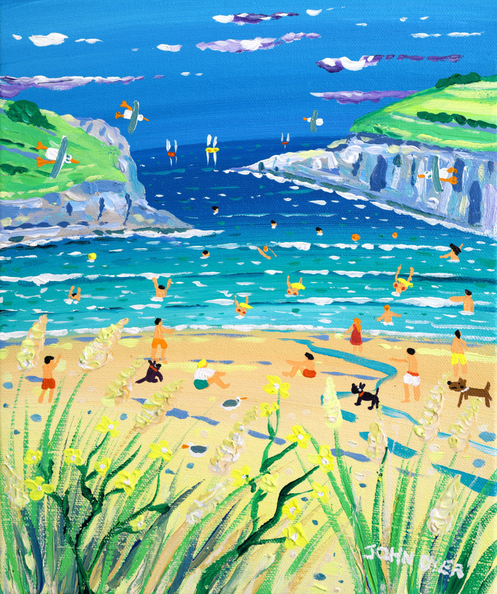 A colorful beach and cove painting with blue ocean, sandy shore, green cliffs, and small figures of people and dogs along the beach. The artwork fills the frame, with a visible artist signature in the lower right corner. 'High Tide at Polly Joke', 12 x10 inches acrylic on canvas by Cornish Artist John Dyer