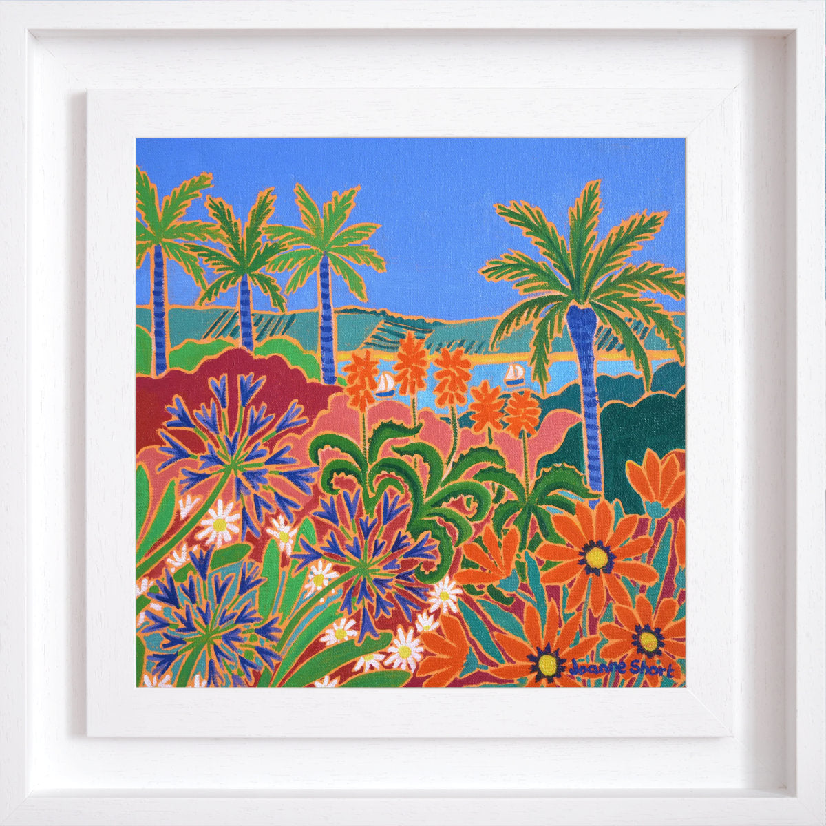 'Hot Fiery Flowers, Tresco Abbey Gardens', 12x12 inches oil on canvas. Cornwall Art Gallery Painting by Cornish Artist Joanne Short