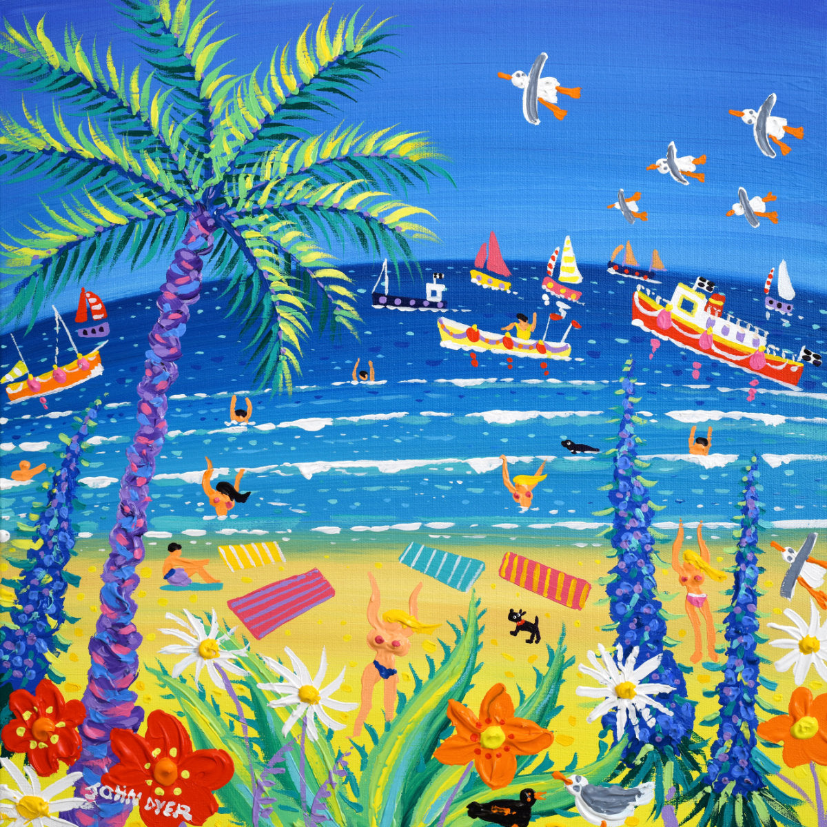 'Hot Summer Day, Gyllyngvase Beach, Falmouth’, 18 x 18 inches acrylic on canvas. Original Painting by Cornish Artist John Dyer