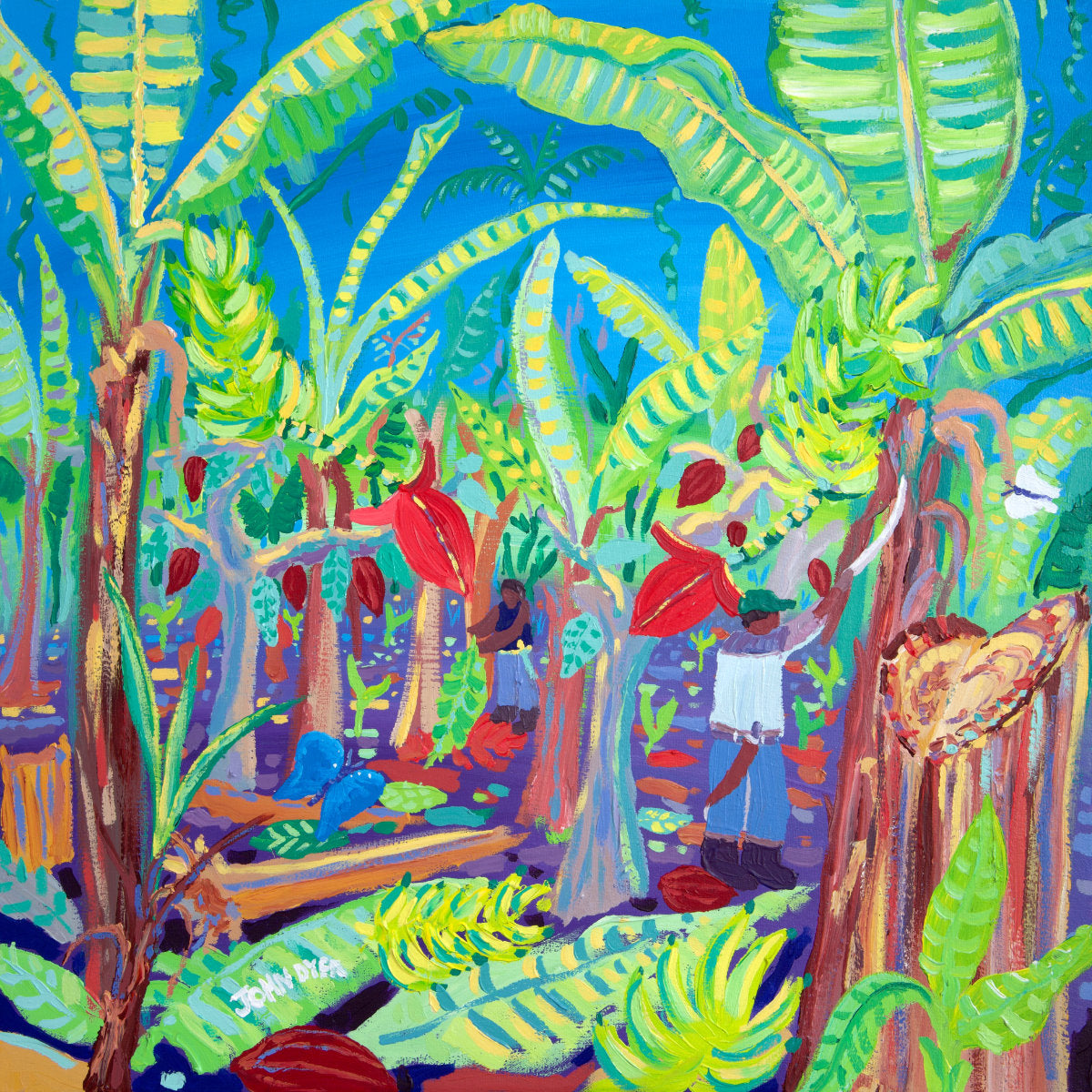 Colorful painting of a tropical scene with people and lush greenery 'Intercropping and Chopping, Costa Rica Bananas and Chocolate Trees', 24x24 inches acrylic on canvas. Tropical Costa Rica Painting by British Artist John Dyer