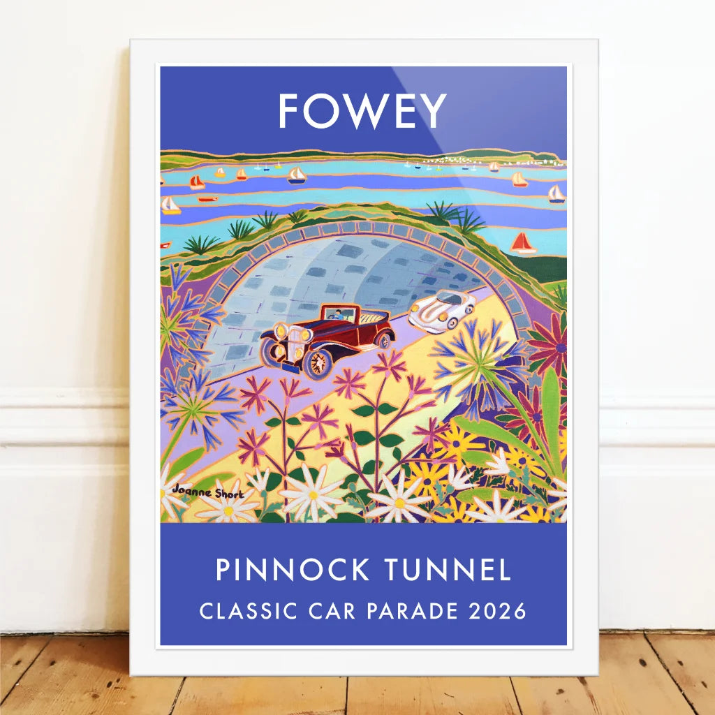 Fowey Classic Car Parade art poster by Joanne Short showing vintage car driving through Pinnock Tunnel with flowers and river view