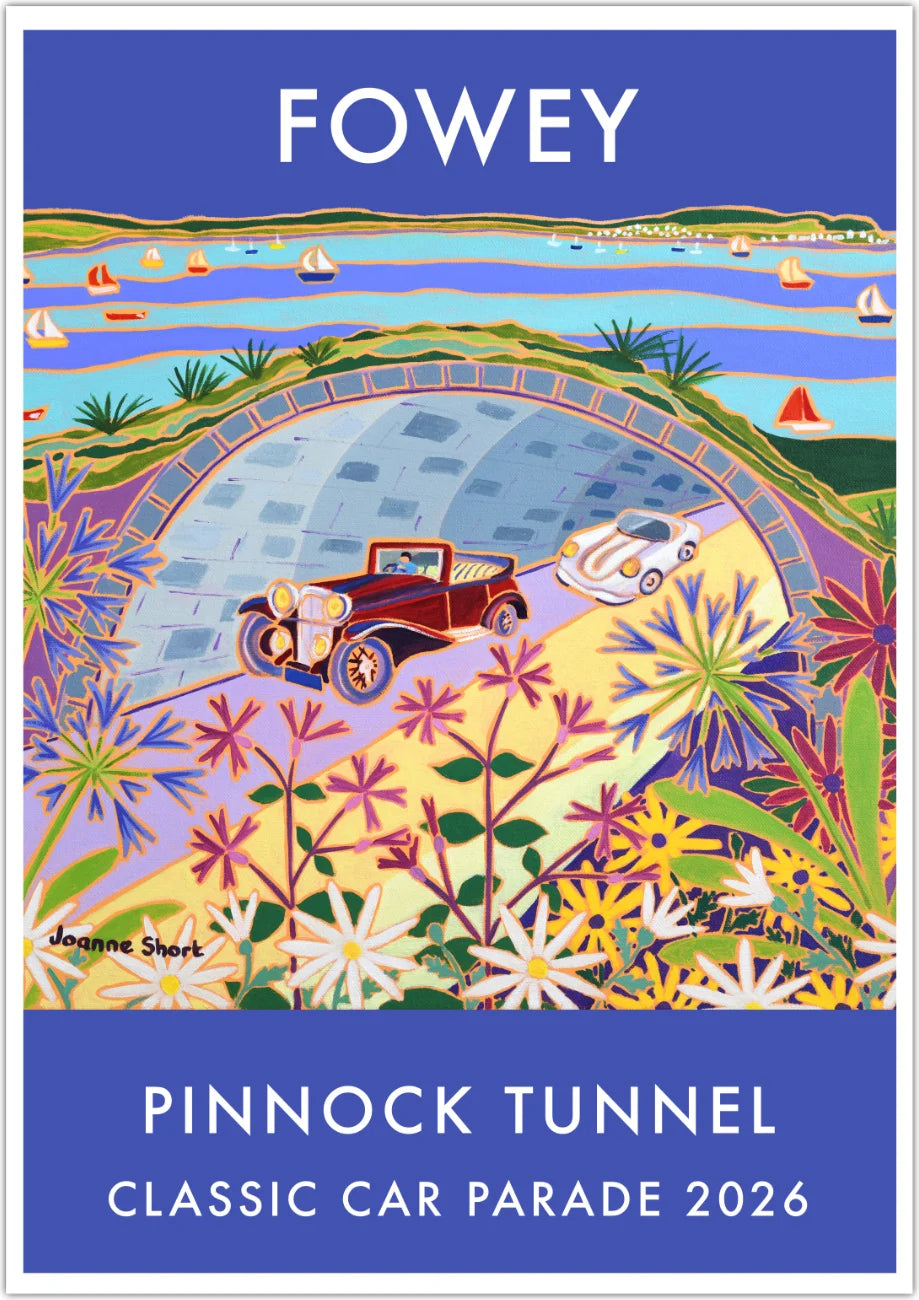 Fowey Classic Car Parade art poster by Joanne Short showing vintage car driving through Pinnock Tunnel with flowers and river view
