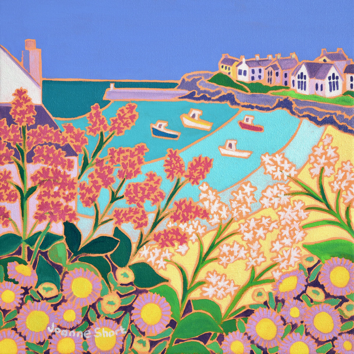 'Flowers Growing on the Wall, Port Isaac'. 12x12 inches Original Oil Painting on Canvas by Cornish Artist Joanne Short