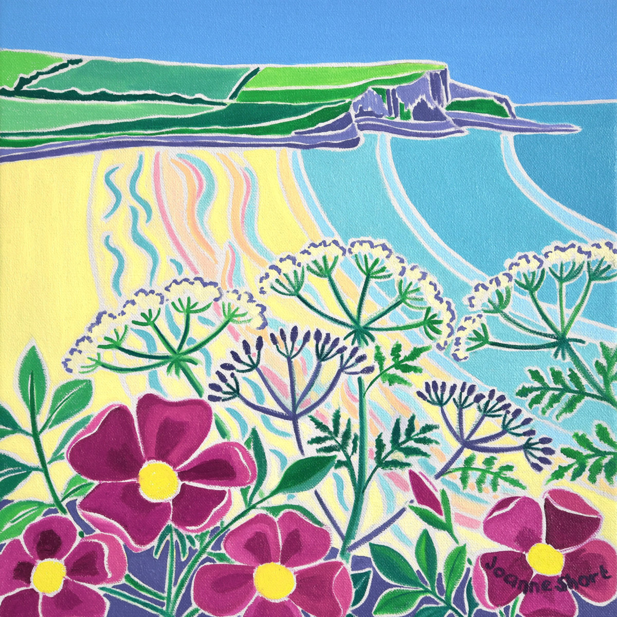 'Wild Roses on the Headland, Mawgan Porth'. 12x12 inches Original Oil Painting on Canvas by Cornish Artist Joanne Short