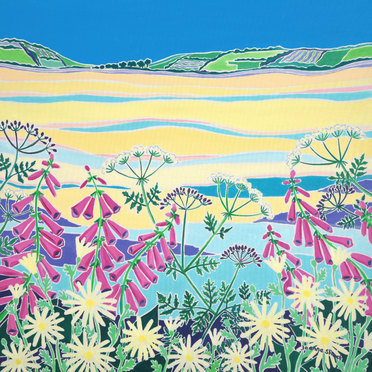 'Wild Flowers at Low Tide, The Camel Estuary'. 24x24 inches oil on canvas. Painting of Cornwall by Cornish Artist Joanne Short